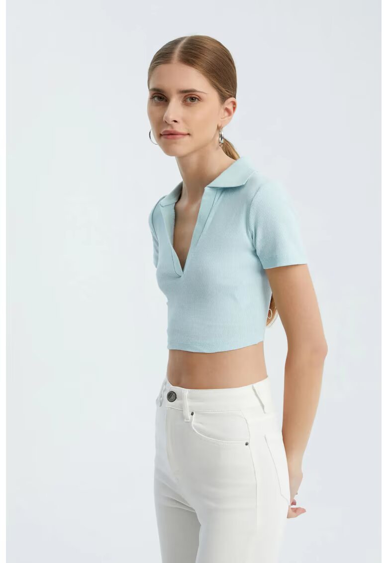 HiCCUP dama - crop polo - decolteu in V - albastru - jerseu - Albastru