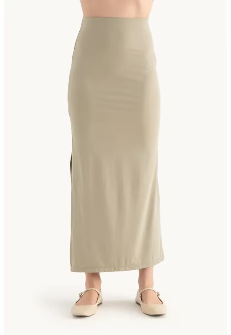 HiCCUP Fusta maxi dama - talie inalta - crapatura laterala - textil - verde