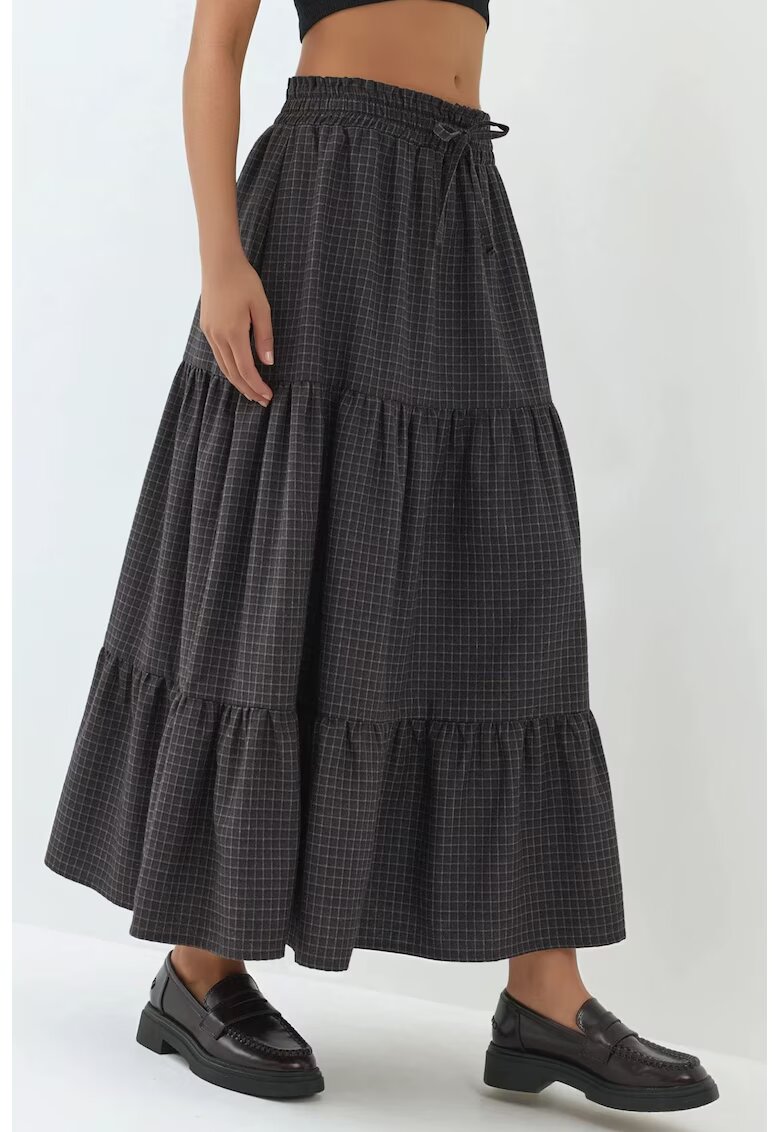 HiCCUP Fusta maxi - straturi - talie elastica - maro - textil