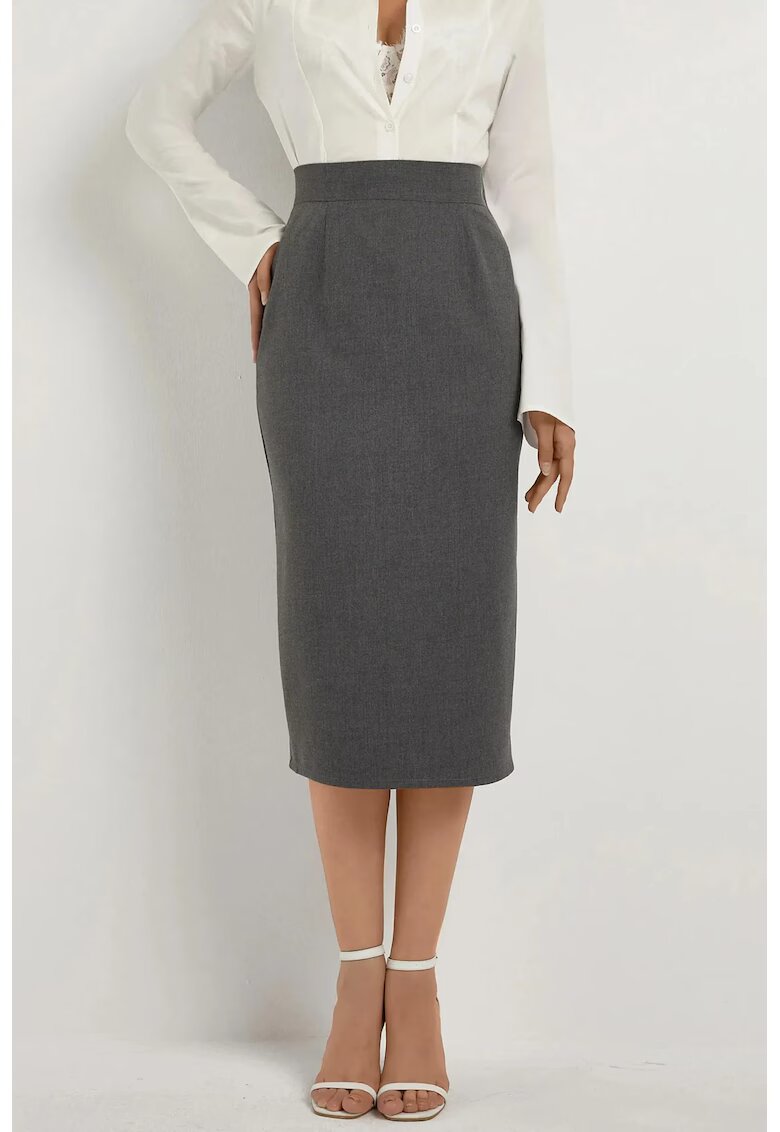 HiCCUP Fusta midi dama - talie inalta - croiala dreapta - textil - gri