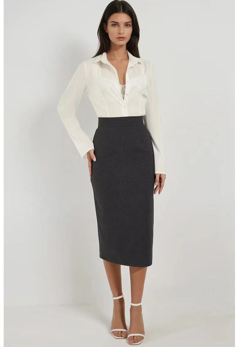 HiCCUP Fusta midi - talie inalta - croiala dreapta - gri - textil