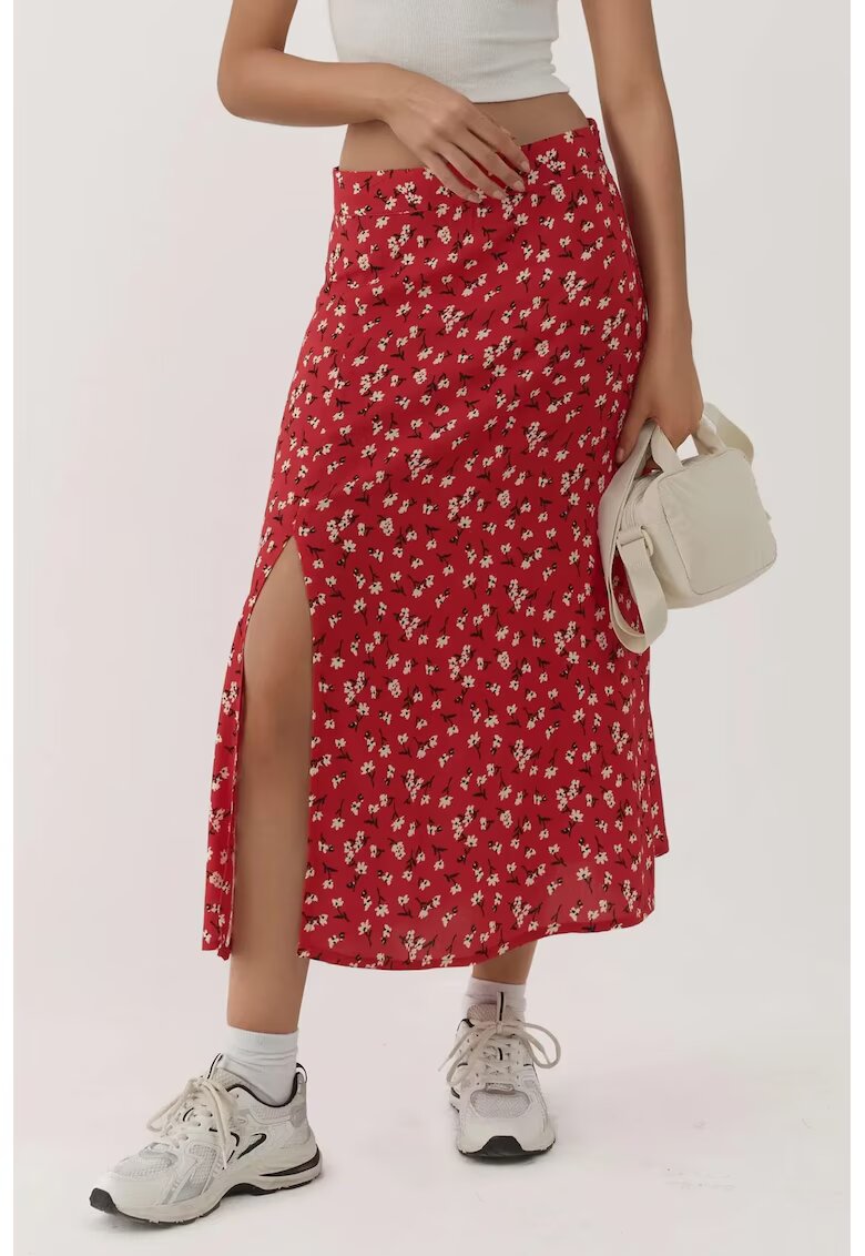 HiCCUP Fusta midi - talie inalta - imprimeu floral - rosu - poliester