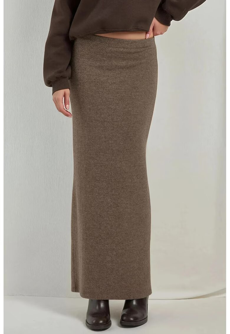 HiCCUP Fusta midi - texturata - cu talie elastica - crapatura pe o parte - maro - tricot