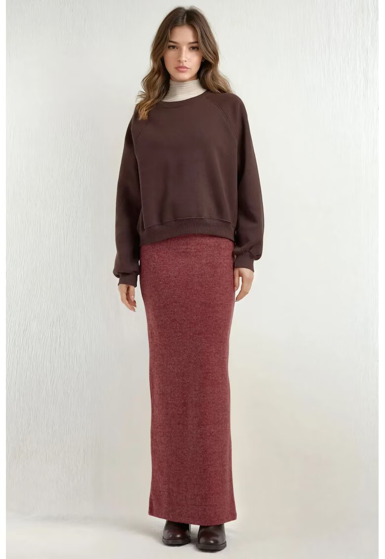 HiCCUP Fusta midi - texturata - cu talie elastica si crapatura - visiniu - tricot