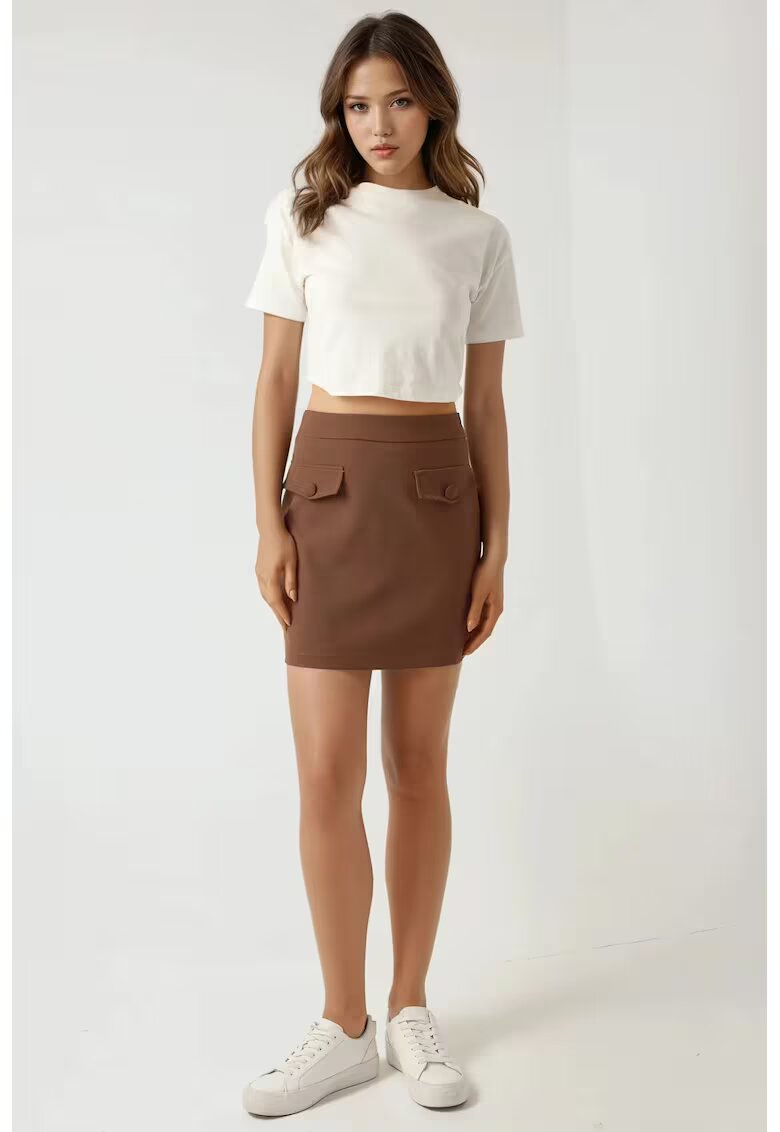 HiCCUP Fusta mini - colectia Pika - buzunare false - maro - textil
