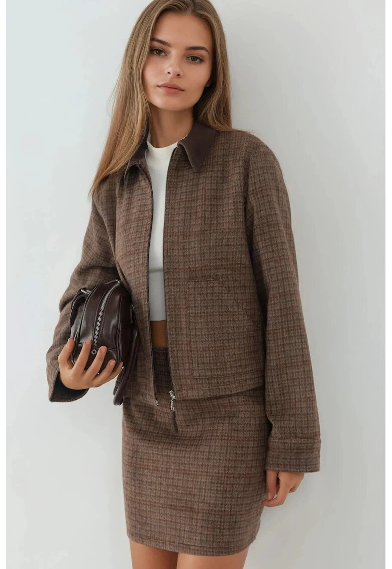 HiCCUP Geaca dama - jacheta din amestec de lana cu model in carouri - guler din piele intoarsa - textil