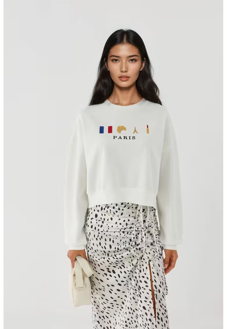 HiCCUP Hanorac dama guler rotund - brodat - alb - textil
