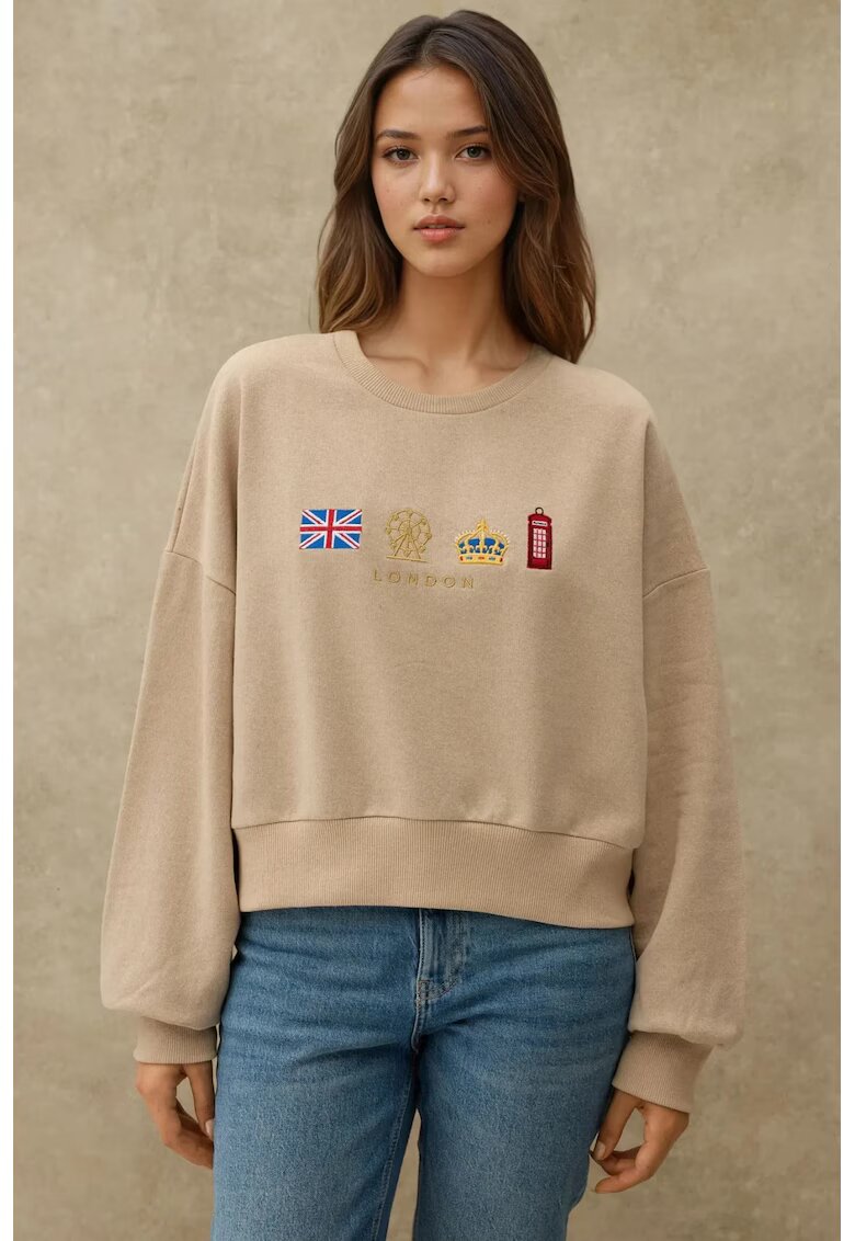 HiCCUP Hanorac dama guler rotund - detalii brodate - bej - textil