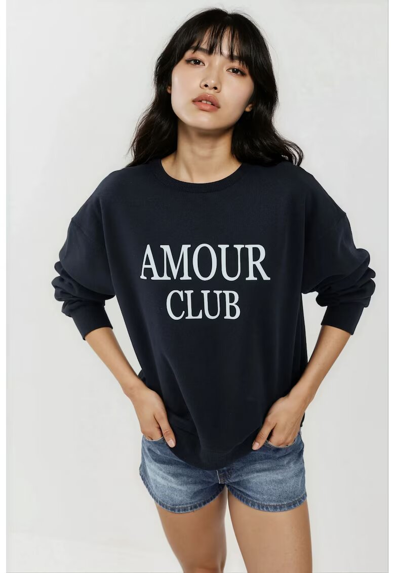 HiCCUP Hanorac dama imprimeu - guler rotund - croiala lejera - albastru inchis - tricot
