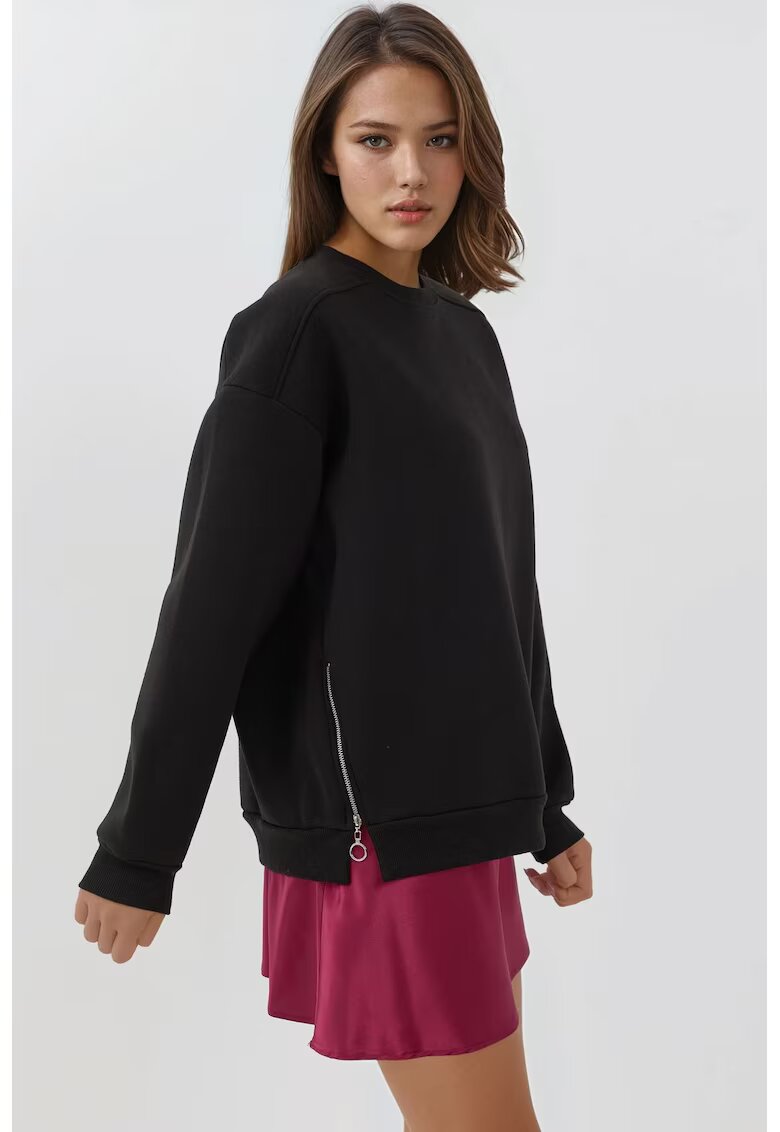 HiCCUP Hanorac dama - texturat - guler rotund - fermoar - negru - textil