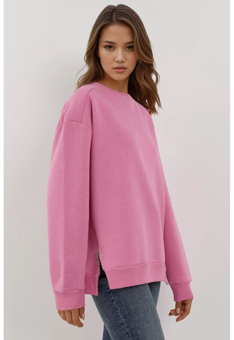 HiCCUP Hanorac dama texturat - guler rotund - fermoar - textil - roz orhidee