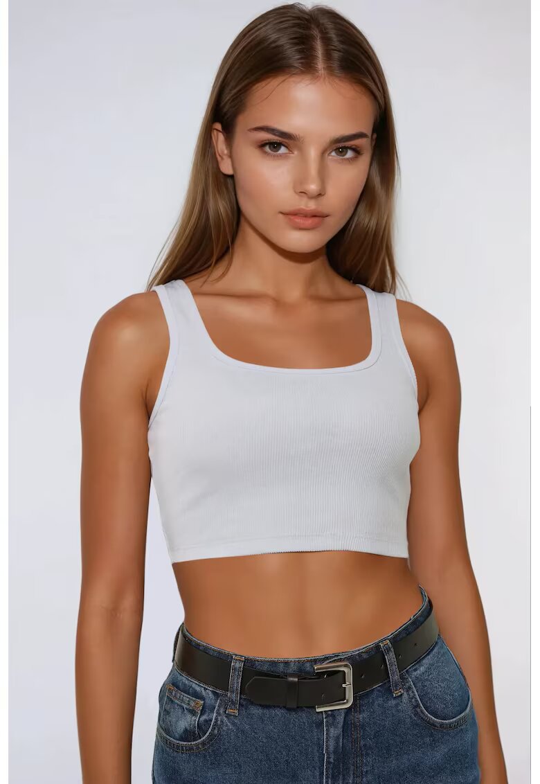 HiCCUP Maiou Crop - guler rotund - alb - bumbac