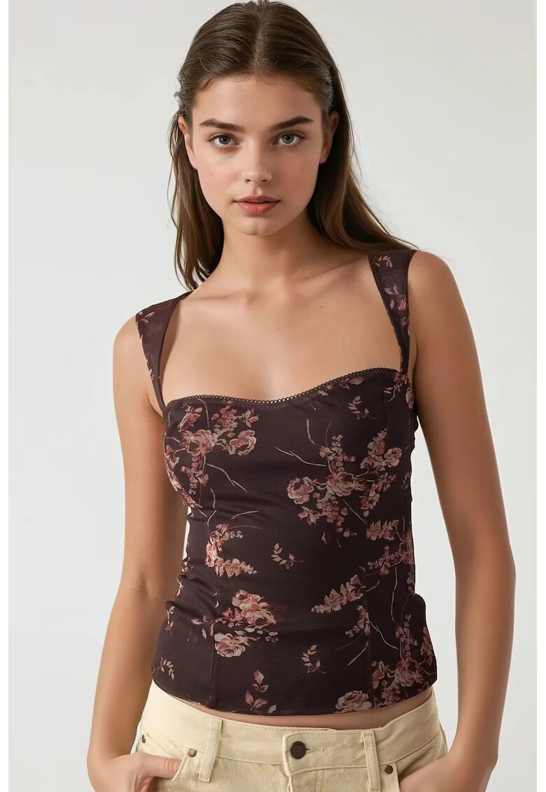 HiCCUP Maiou dama - top scurt cu imprimeu - guler inima - maro - material textil