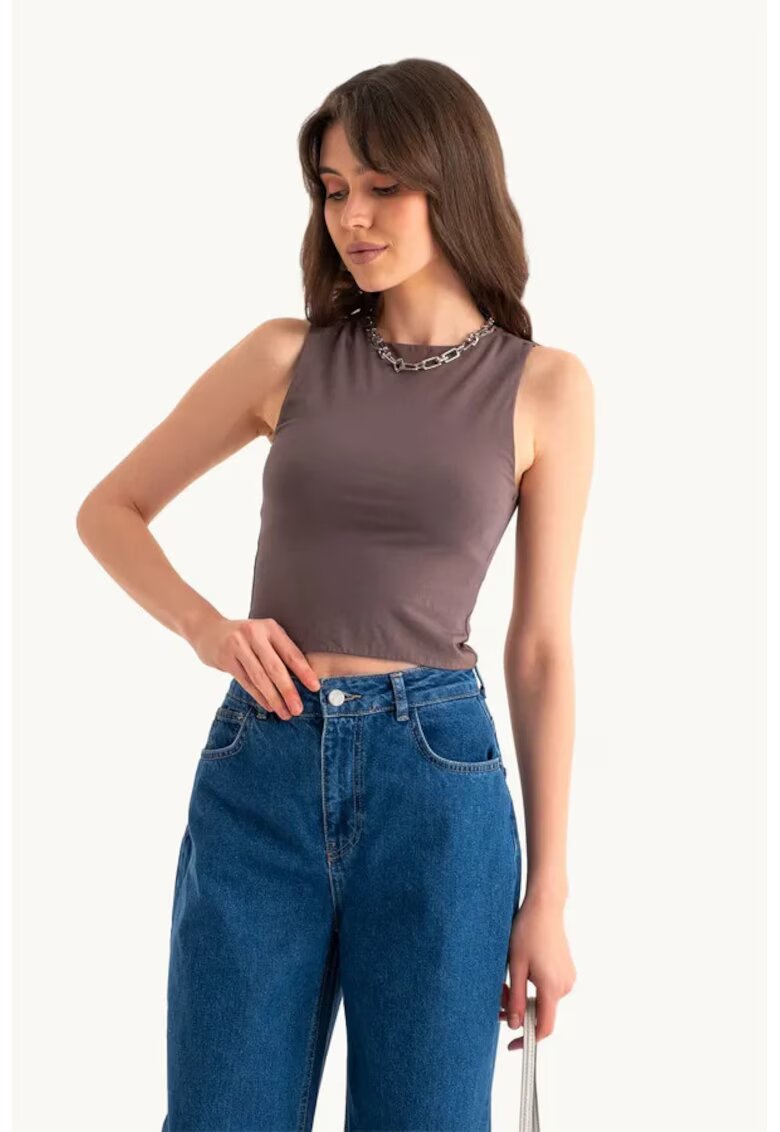 HiCCUP Maiou - Round Neck Basic - simplu - maro - jerseu