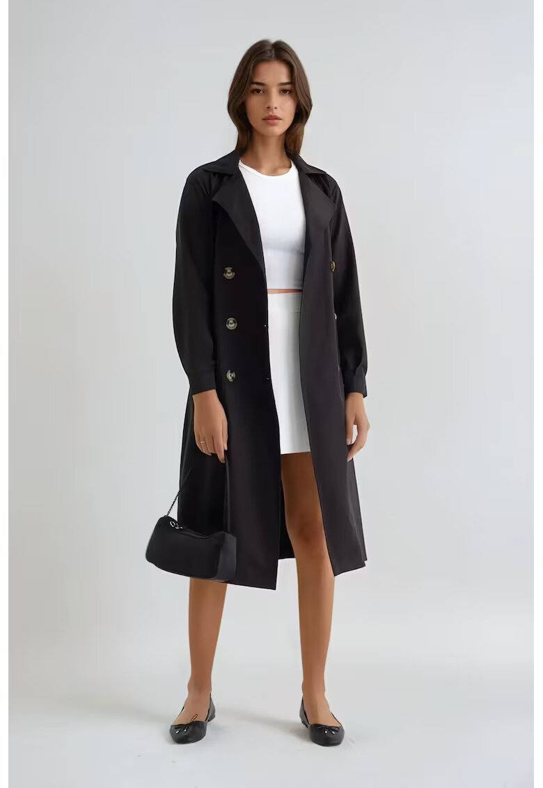 HiCCUP Palton dama trench usor cu nasturi si curea - maro - material textil