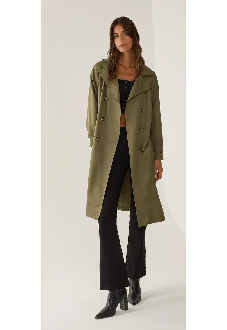 HiCCUP Palton dama - trench usor cu nasturi si curea - verde - textil