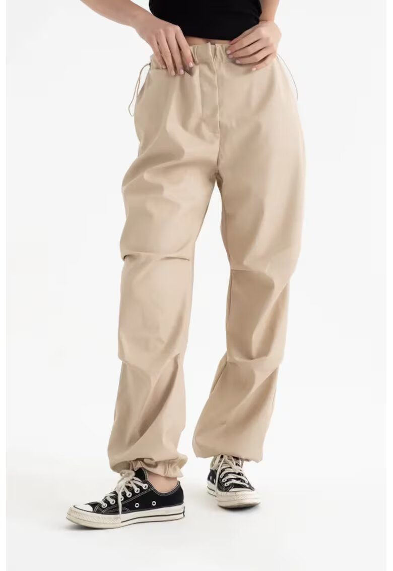 HiCCUP Pantaloni dama - cargo din piele ecologica - talie inalta - snur - natur