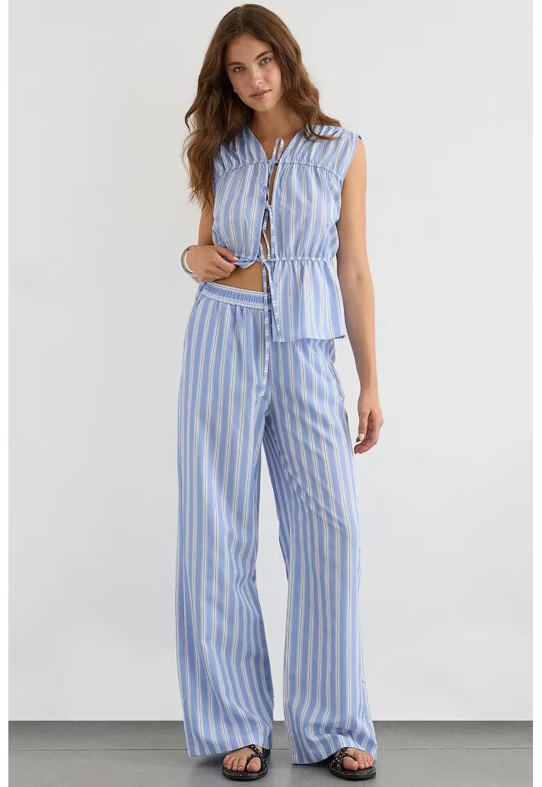 HiCCUP Pantaloni dama - cu dungi late - talie elastica - albastru - bumbac si poliester