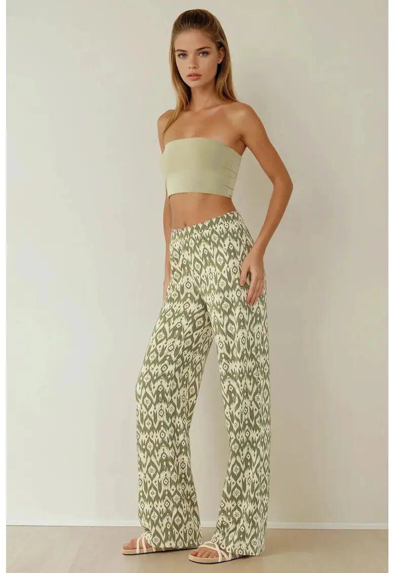 HiCCUP Pantaloni dama - cu imprimeu - talie inalta - croi larg - verde - poliester-elastan