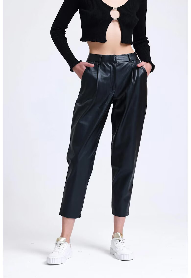 HiCCUP Pantaloni dama - din piele ecologica - plisati - talie inalta - negru - bumbac organic