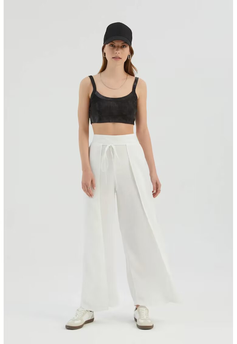 HiCCUP Pantaloni dama - drepti cu talie inalta si legaturi in fata - alb - textil