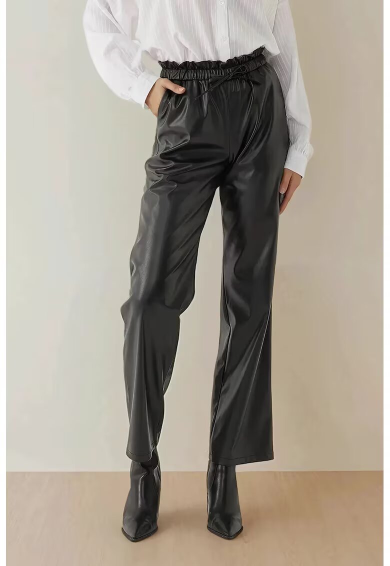 HiCCUP Pantaloni dama - drepti din piele ecologica - talie elastica - negru