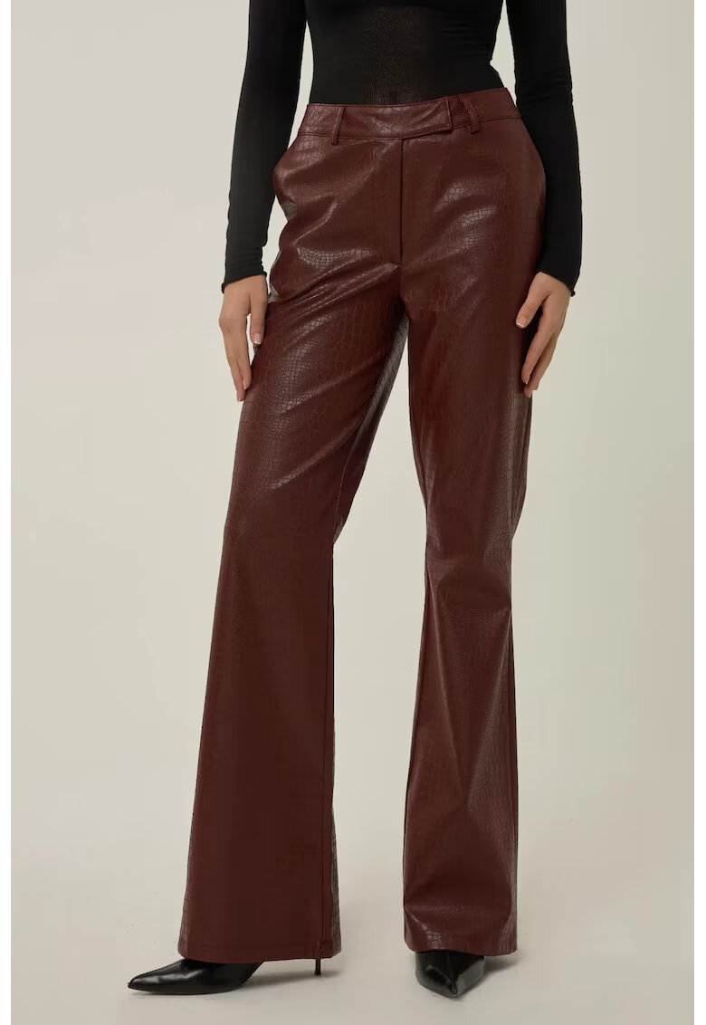 HiCCUP Pantaloni dama - evazati din piele ecologica cu efect de sarpe - maro - talie joasa