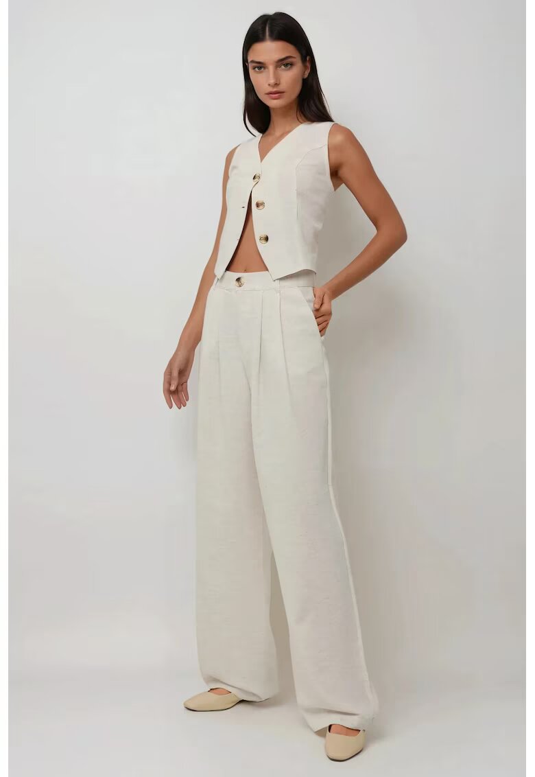 HiCCUP Pantaloni dama - plisati - talie inalta - culoare natur - bumbac