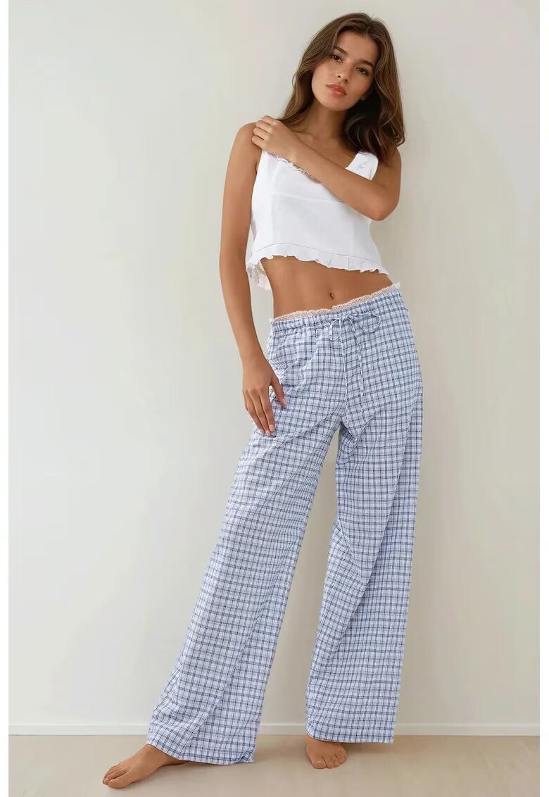 HiCCUP Pantaloni lungi de casa - carouri - detaliu inima - albastru - poliester