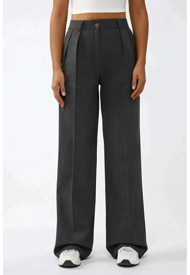 HiCCUP Pantaloni pentru dama - Palazzo - cu talie inalta - croiala larga - textil - gri inchis