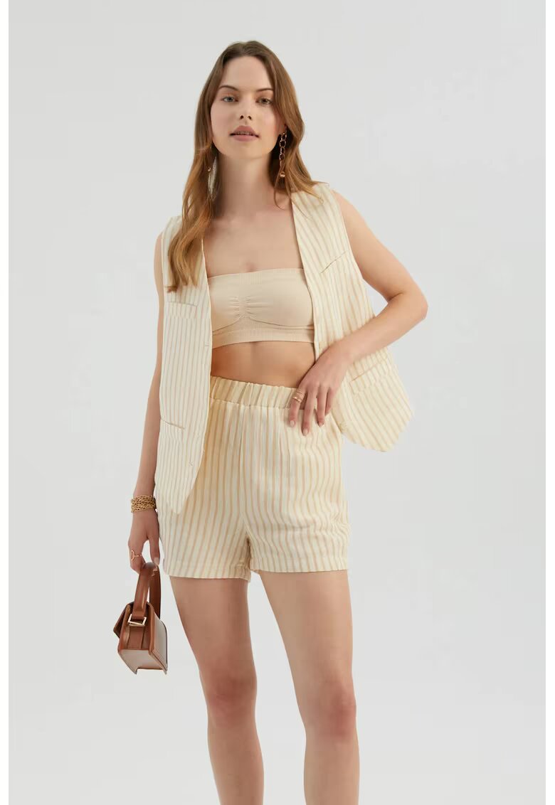 HiCCUP Pantaloni scurti dama - cu talie inalta - dungi - maro - textil
