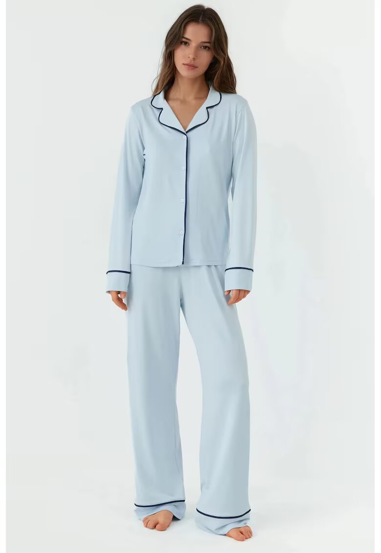 HiCCUP Pijamale dama - maneca lunga - guler tip camasa - croiala relaxata - albastru - jerseu