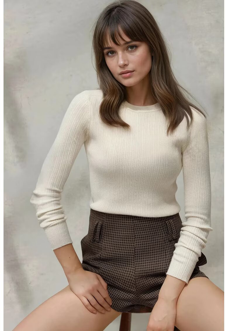 HiCCUP Pulover dama - alb - tricot - guler rotund