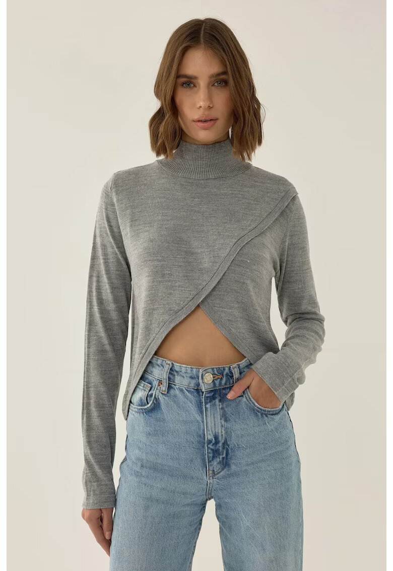 HiCCUP Pulover dama asimetric - guler inalt - gri - tricot