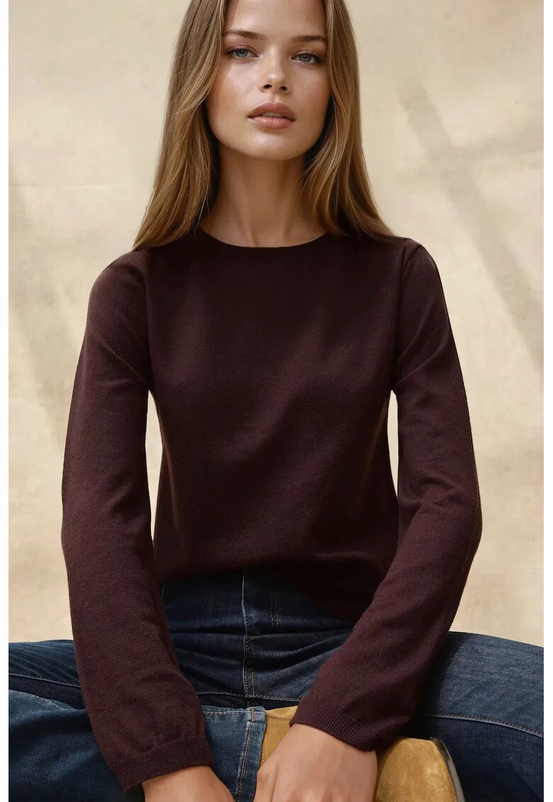 HiCCUP Pulover dama basic - guler rotund - visiniu inchis - tricot