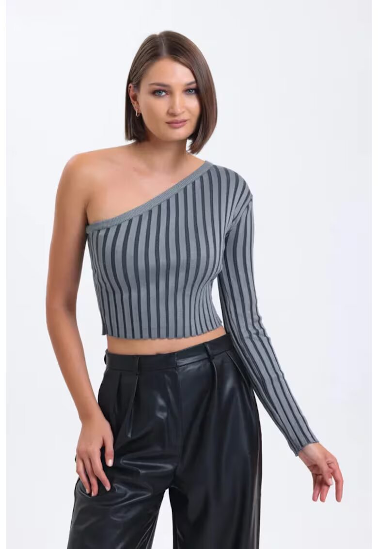 HiCCUP Pulover dama - bluza scurta - dungi gri ardezie - un umar - jerseu