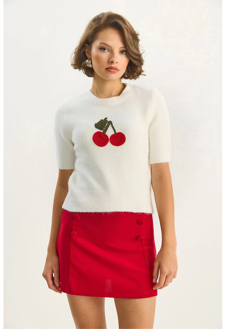 HiCCUP Pulover dama - brodat cu guler rotund - alb - jerseu -