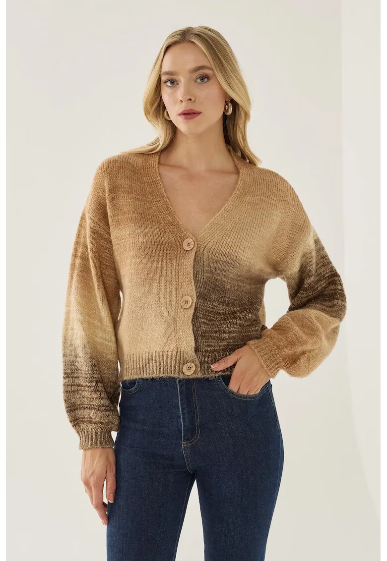 HiCCUP Pulover dama - cardigan cu decolteu in V - croiala lejera - gradient - maro - acril