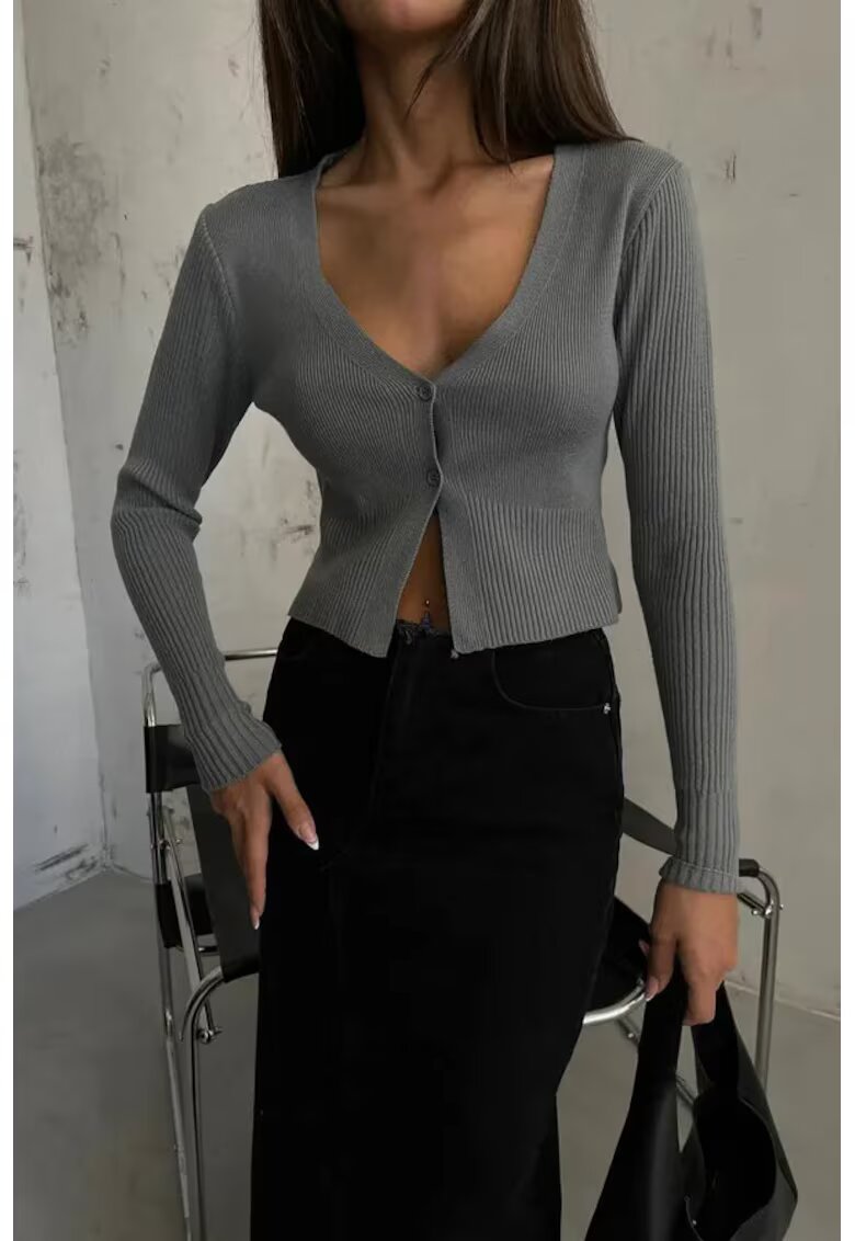 HiCCUP Pulover dama - cardigan scurt - decolteu in V - gri - tricot