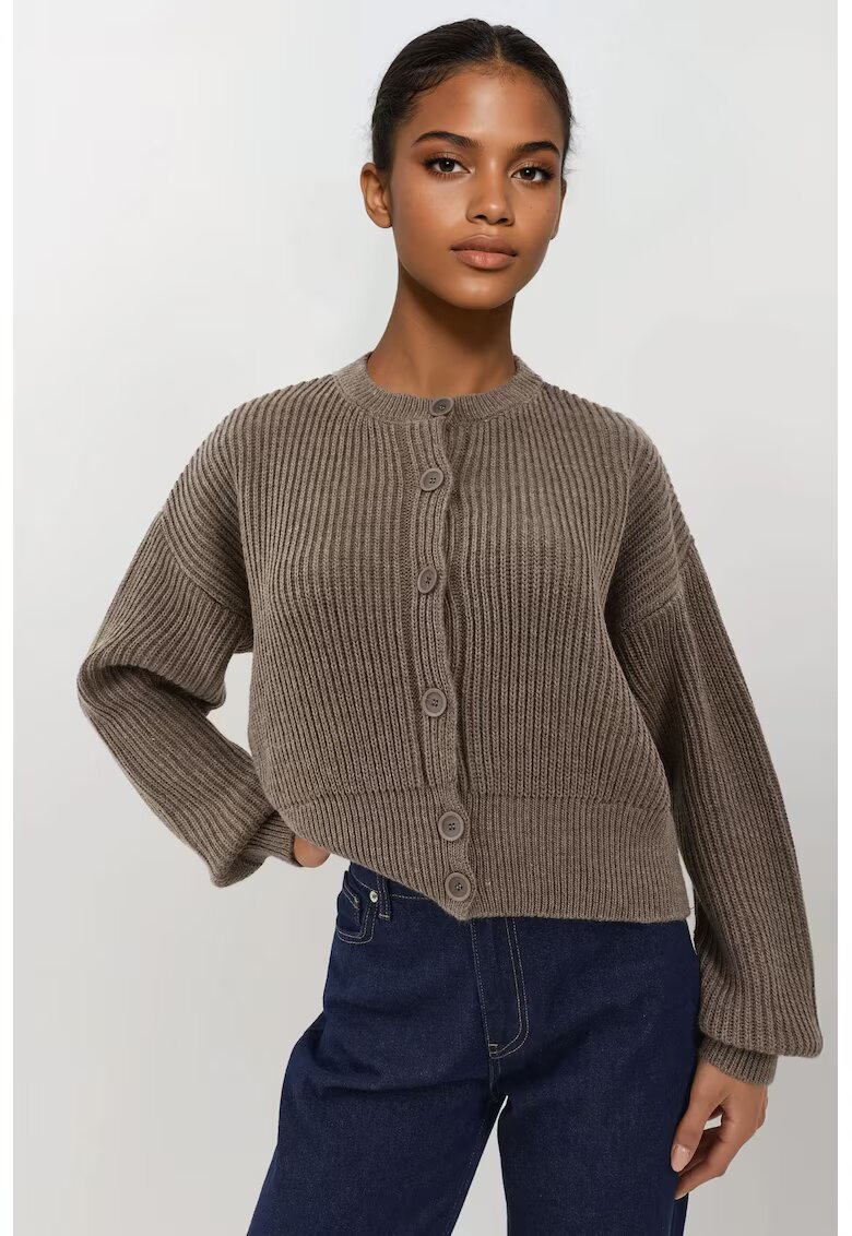 HiCCUP Pulover dama - cardigan texturat - guler rotund - maneca lunga - maro melanj - tricot