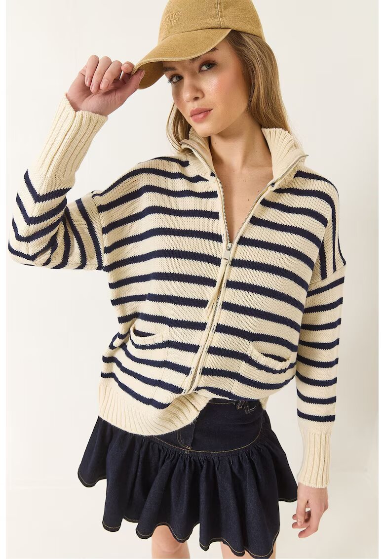 HiCCUP Pulover dama - cardigan tricotat cu dungi - guler cu fermoar - ecru - tricot -