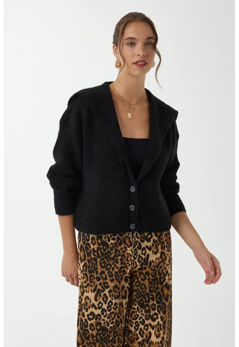 HiCCUP Pulover dama - cardigan tricotat cu nasturi - croiala lejera - acril - Negru