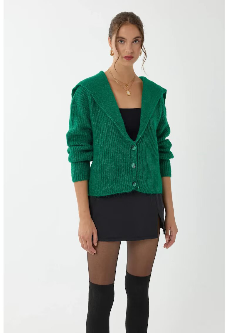HiCCUP Pulover dama - cardigan tricotat cu nasturi - croiala lejera - acril - Verde Padure