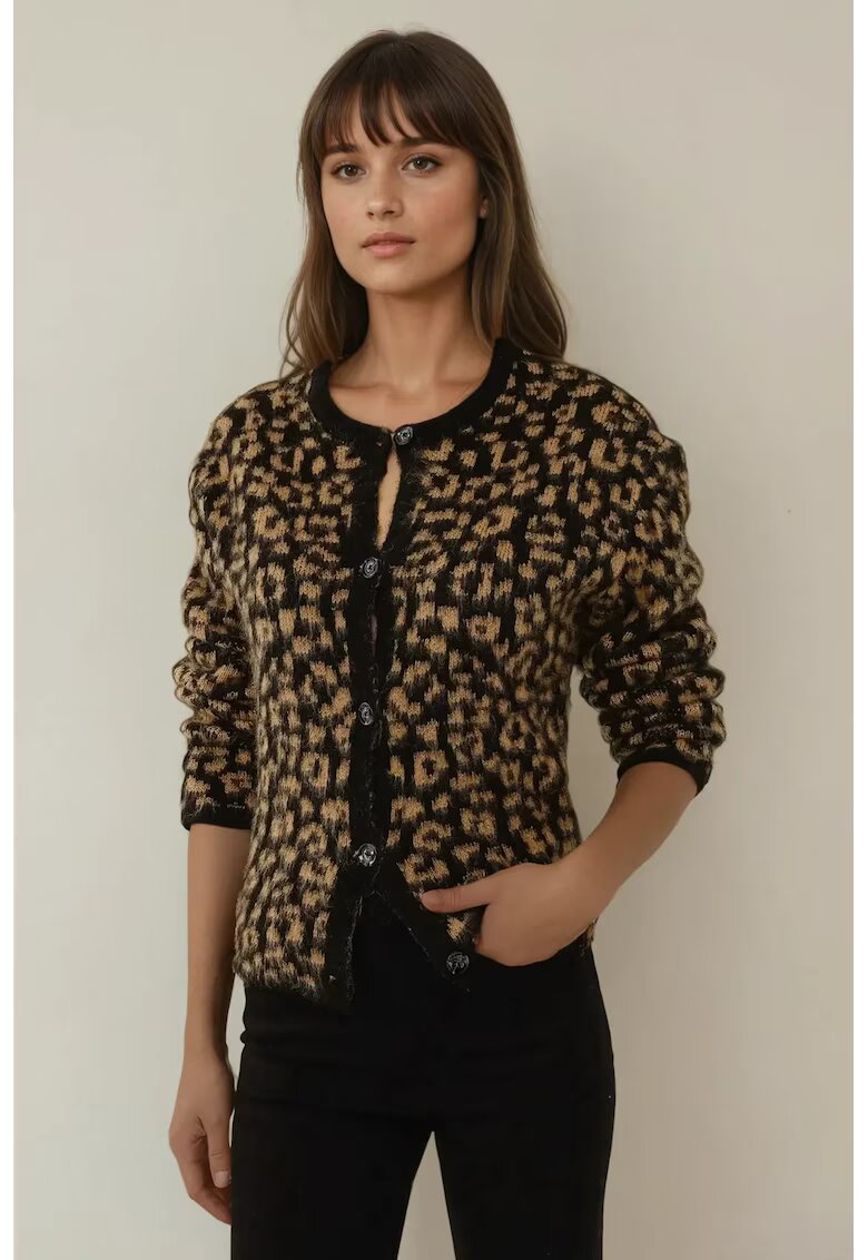 HiCCUP Pulover dama - cardigan tricotat - imprimeu leopard - croiala lejera - maro - tricot