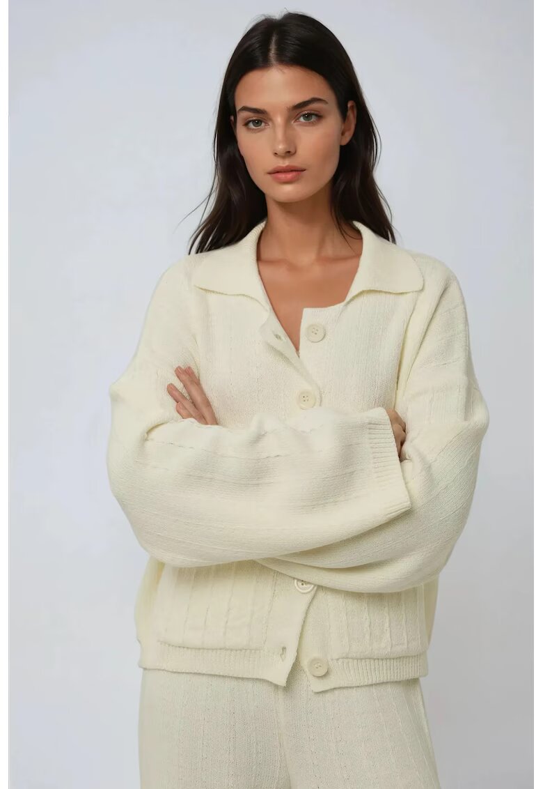 HiCCUP Pulover dama - cardigan tricotat texturat cu nasturi - natural - acril