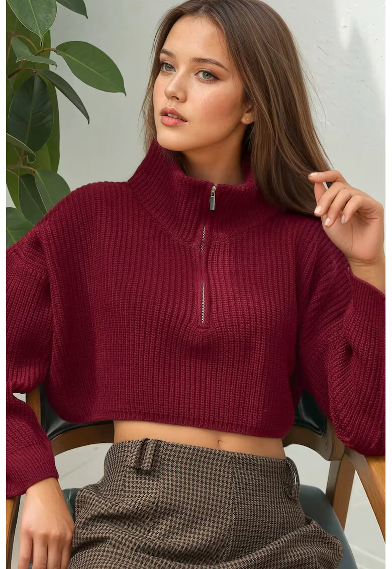 HiCCUP Pulover dama crop - gros tricotat - guler cu fermoar - tricot - Rosu Burgund -