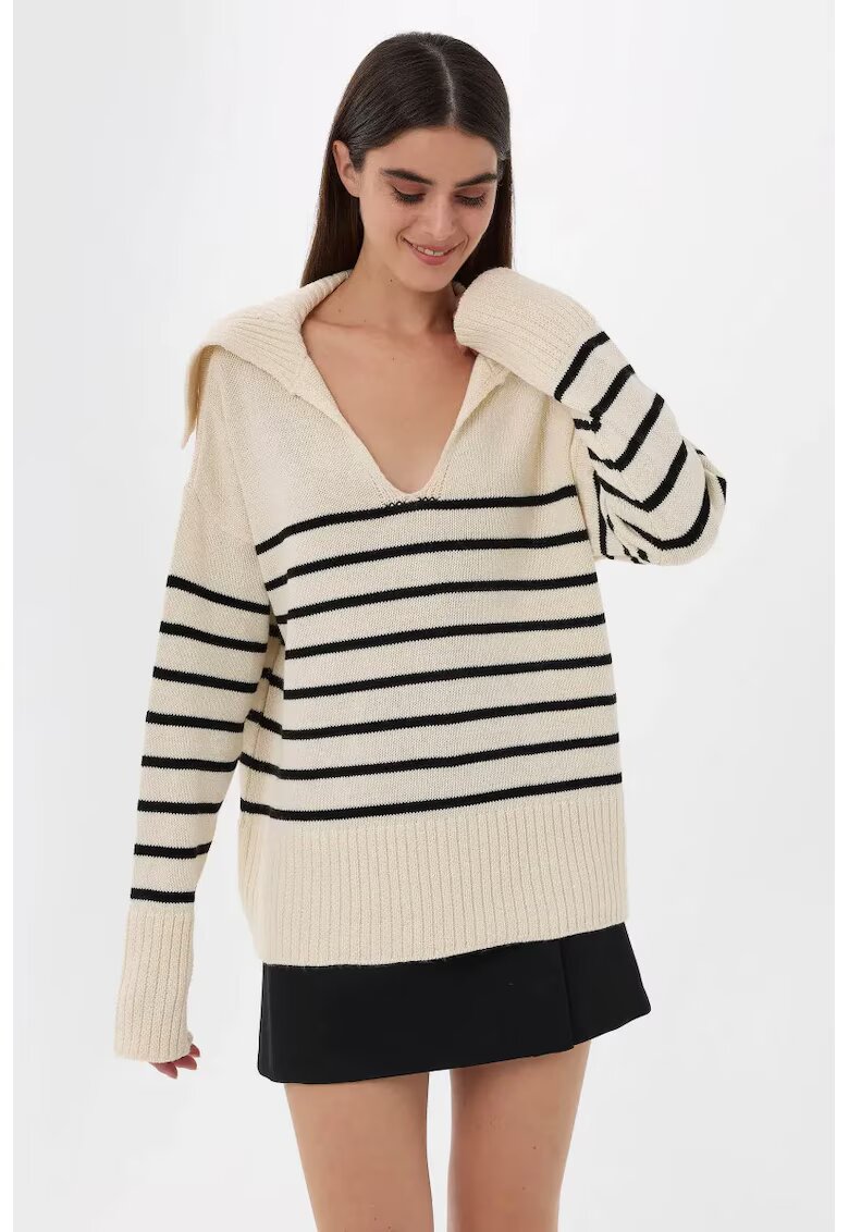 HiCCUP Pulover dama - cu dungi - decolteu in V - tricot - Alb prafuit -