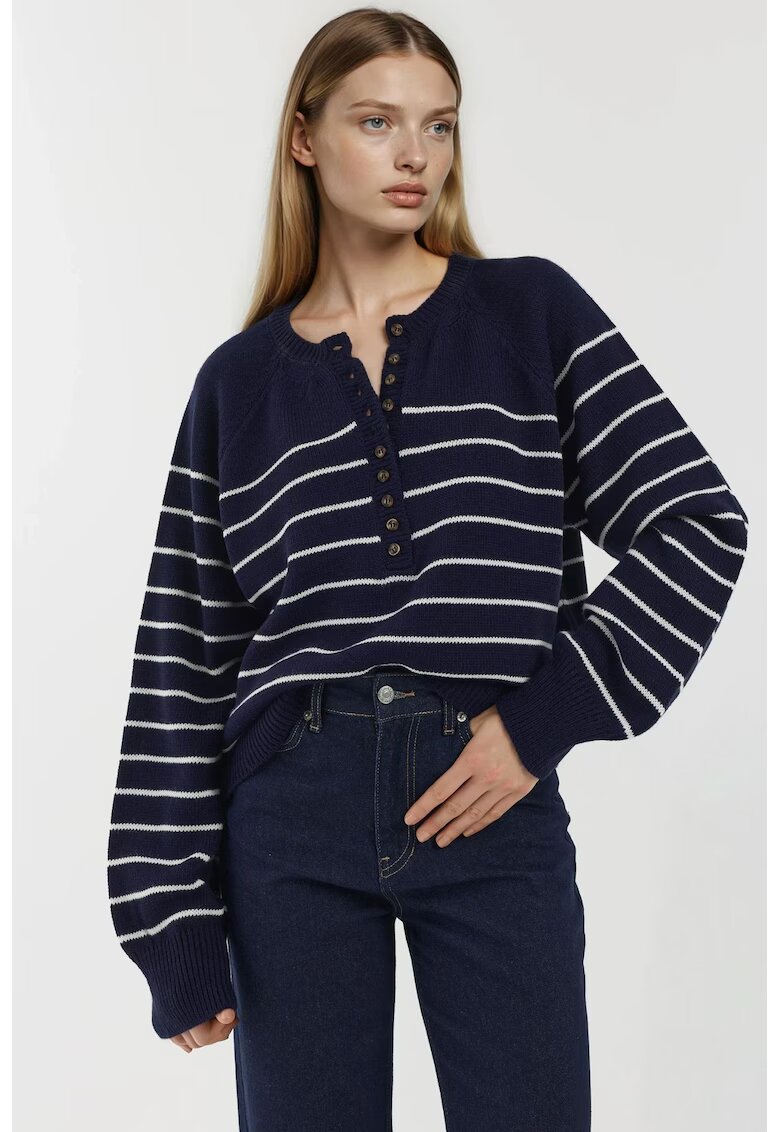 HiCCUP Pulover dama - cu dungi - detalii cu nasturi - bleumarin - tricot - Bleumarin