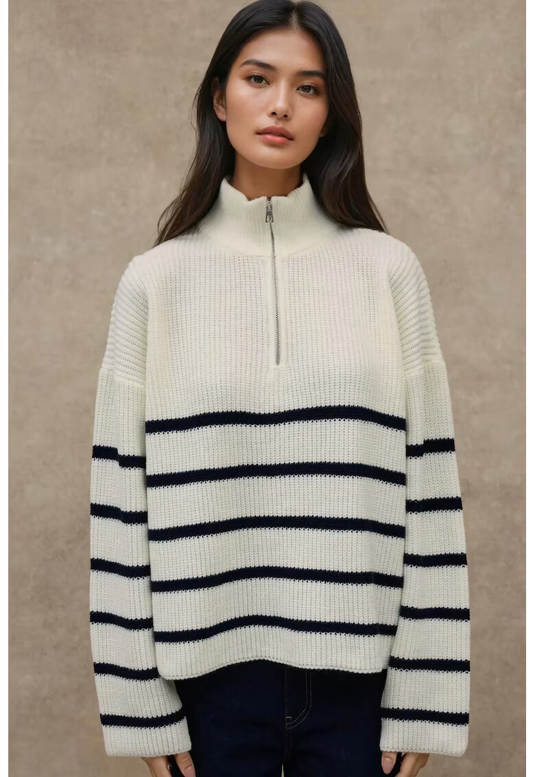 HiCCUP Pulover dama cu guler cu fermoar - maneca lunga - dungi - alb negru - tricot