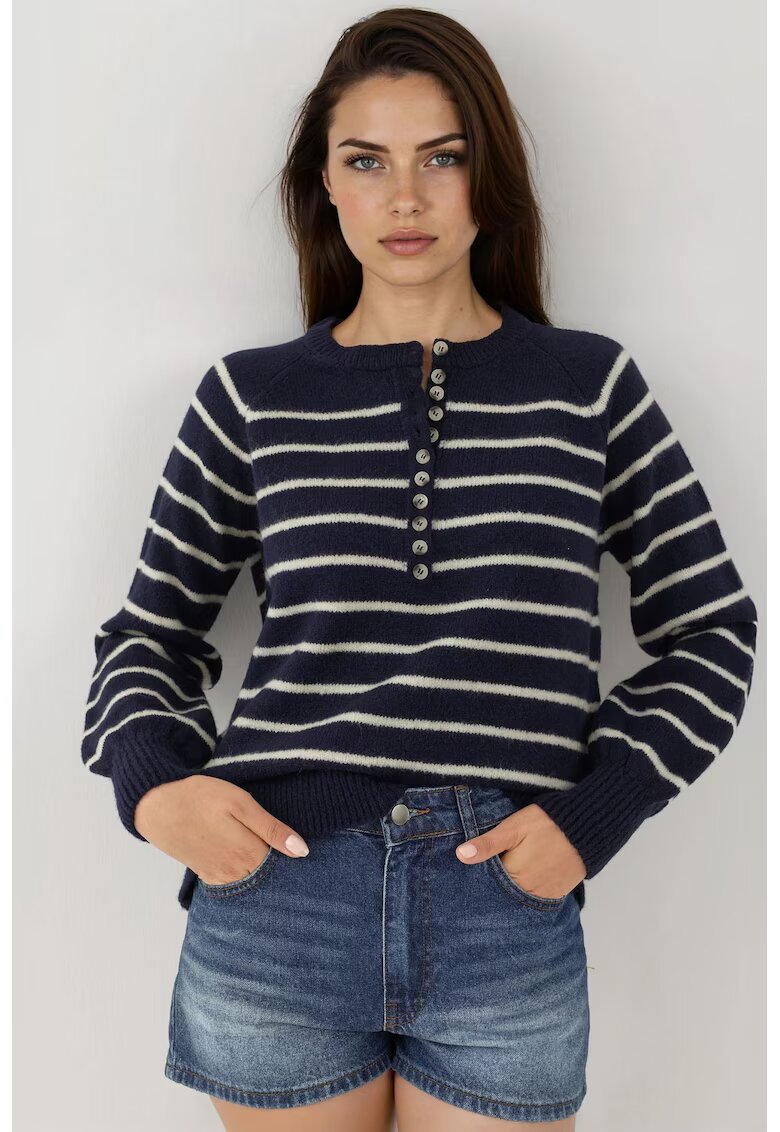 HiCCUP Pulover dama cu guler cu nasturi - model cu dungi - tricot - Albastru de miezul noptii -